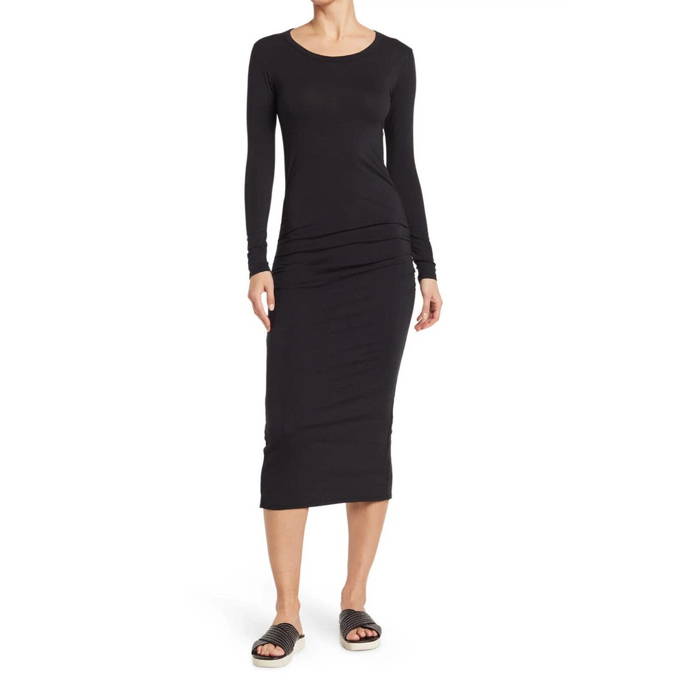 James Perse Women's Long Sleeve Ruched Cotton Spandex Stretch Midi Dress Black
